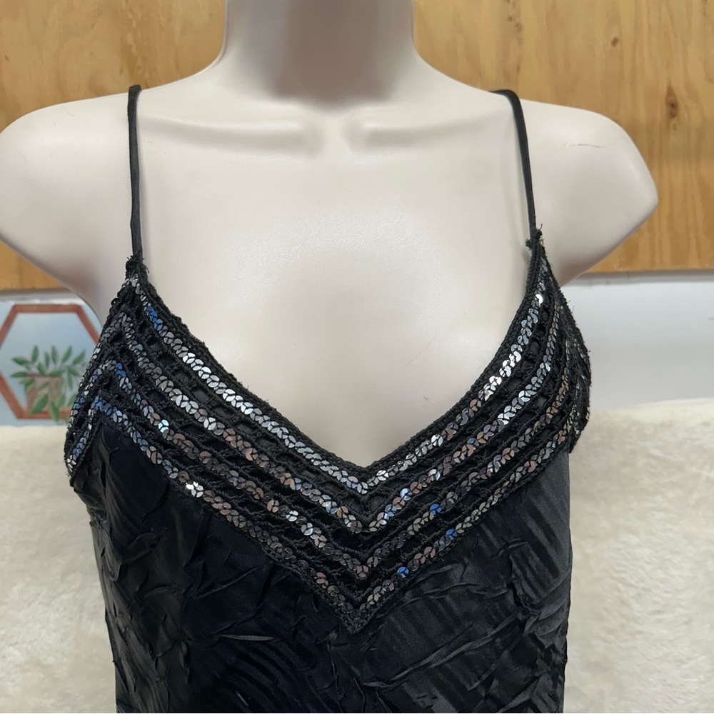 Y2K euro women’s tank top satin crinkle black sequined whimsigoth fairy grunge M - Picture 6 of 8